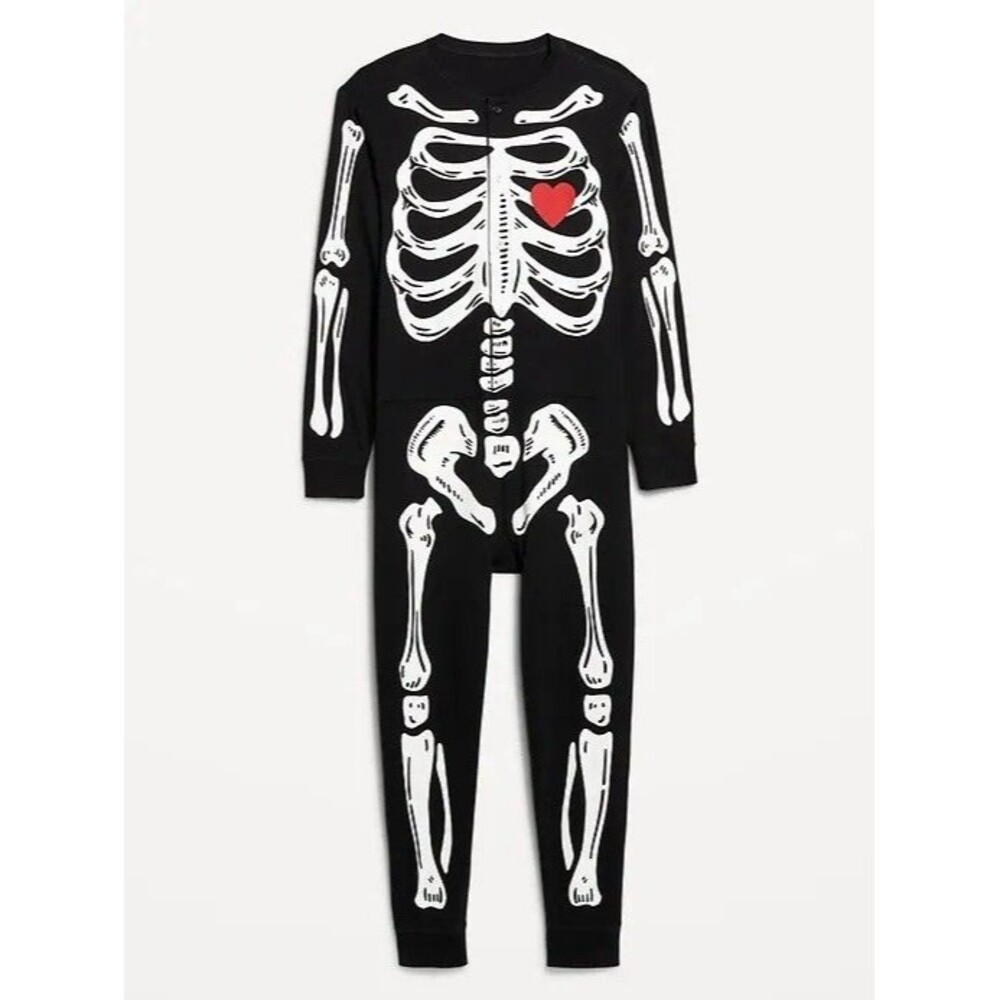 Old Navy Skeleton One Piece Pajamas Medium Black Red Heart Halloween Union Suit